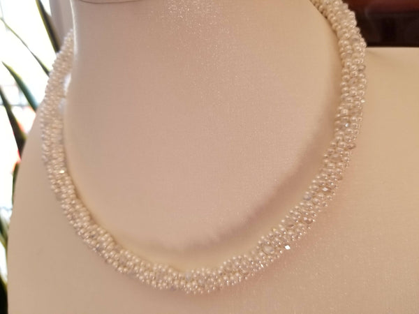 Ivory and Crystal Glass Bead Kumihimo Necklace and Bracelet with Earrings