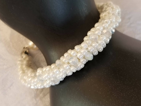 Ivory and Crystal Glass Bead Kumihimo Necklace and Bracelet with Earrings