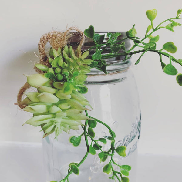 Heritage Glass Jar with Mini Lights, accented with succulents