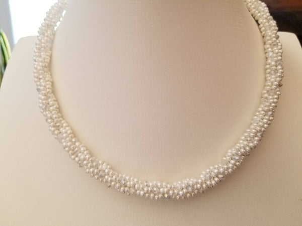 Ivory and Crystal Glass Bead Kumihimo Necklace and Bracelet with Earrings