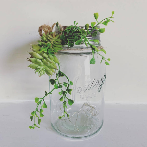 Heritage Glass Jar with Mini Lights, accented with succulents
