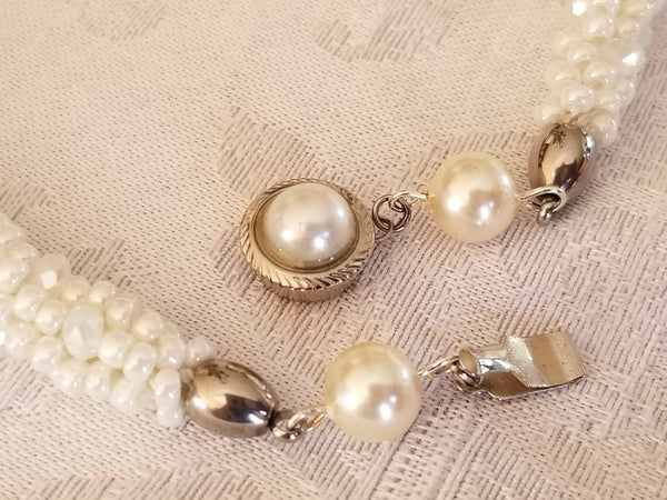 Ivory and Crystal Glass Bead Kumihimo Necklace and Bracelet with Earrings