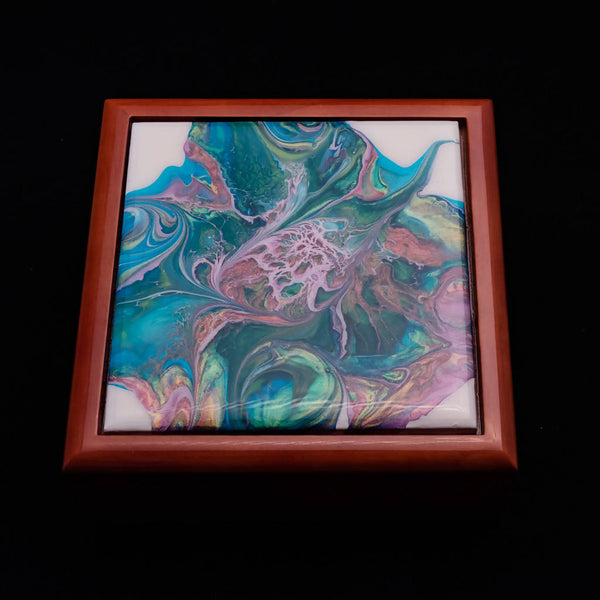 Unique Large jewellery box with acrylic pour painted tile in Lid