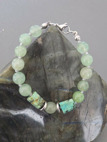 African Turquoise & Green Aventurine Bracelet | 10 mm with Stainless Steel Accents