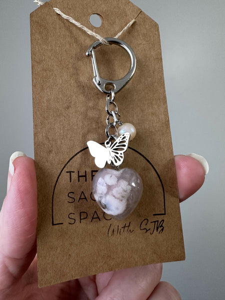 Butterfly and Flower Blossom Agate Keychain