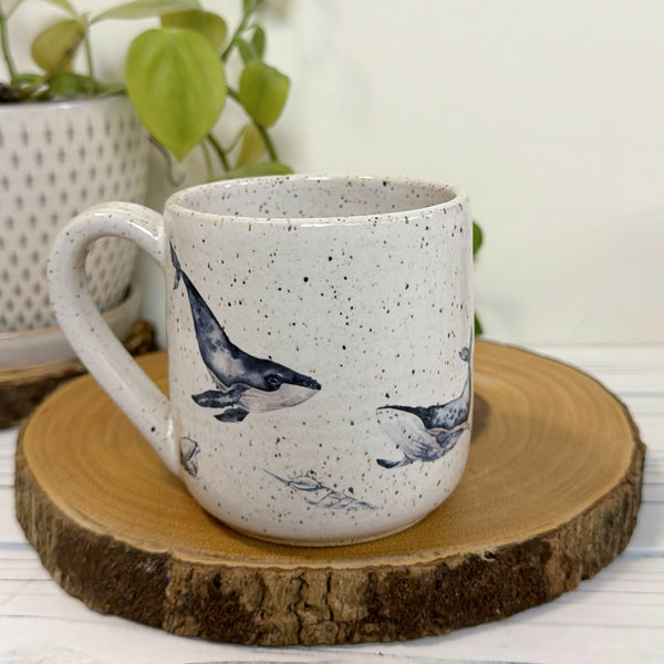 White speckled mug with whales 16oz.
