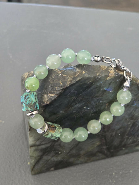 African Turquoise & Green Aventurine Bracelet | 10 mm with Stainless Steel Accents