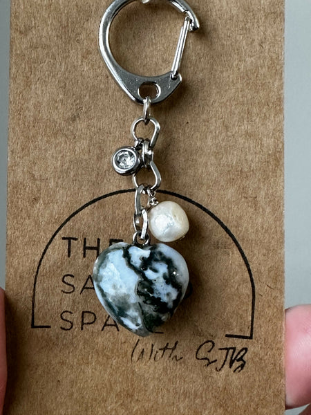 Moss Agate Heart Keychain