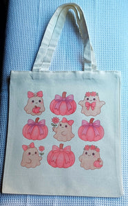 Canvas Tote Bag ~ pink pumkins & ghouls