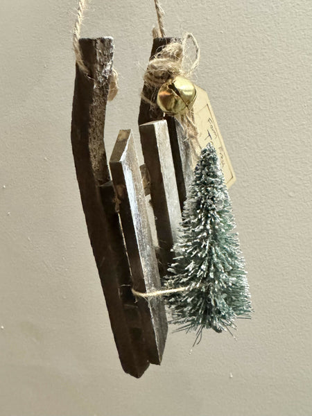 Wood Sled Tree Ornament with Tree and sign