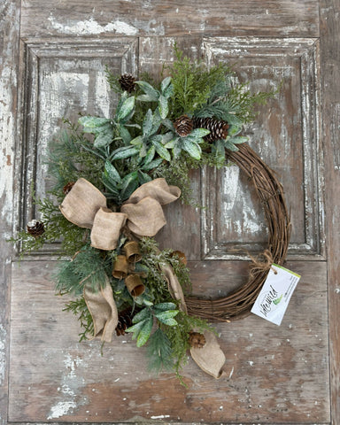 Winter Greens Wreath with gold vintage bells
