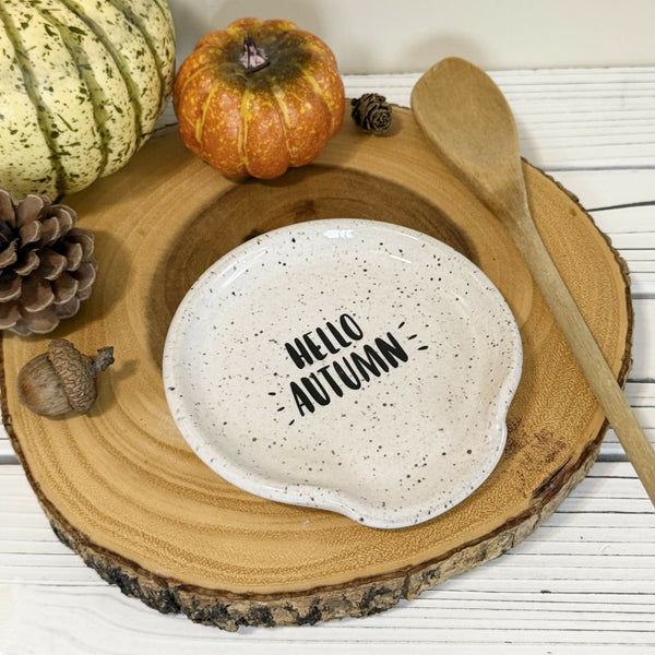 “Hello autumn” on white speckled Spoon rest