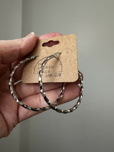 Extra Large Twist Hoops - Silver