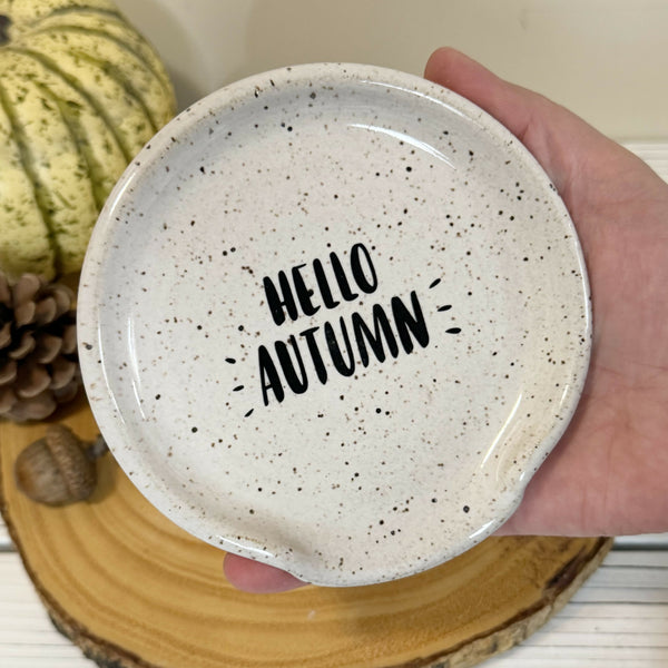 “Hello autumn” on white speckled Spoon rest