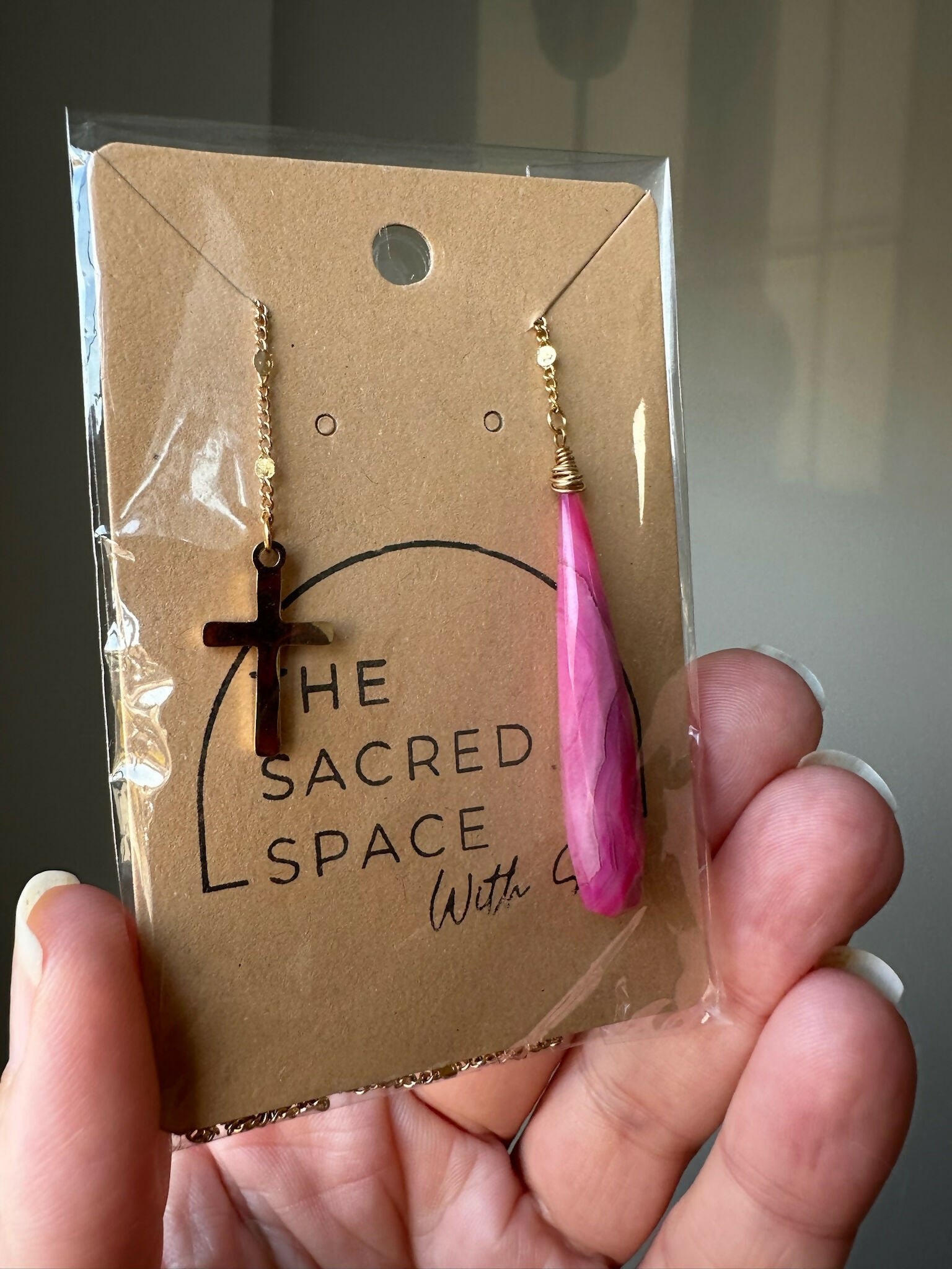 Cross & Hot Pink Agate Bookmark