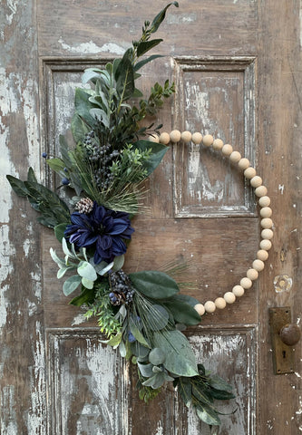 Wood Bead Hoop Wreath with Blue Floral