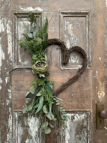 Large Grapevine Heart Wreath with Green Heritage Rose