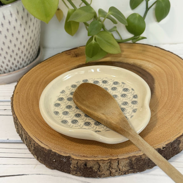 Cream Spoon Rest with Blue Flowers - Unique Town Boutique