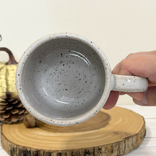 16 oz. “Autumn leaves and pumpkins please” white speckled mug