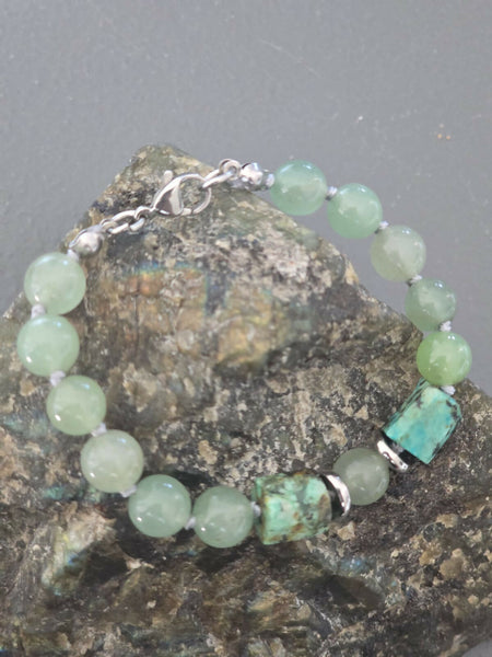 African Turquoise & Green Aventurine Bracelet | 10 mm with Stainless Steel Accents