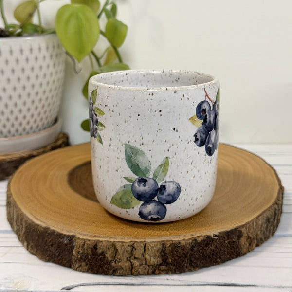 White speckled mug with blue berries 14 oz.