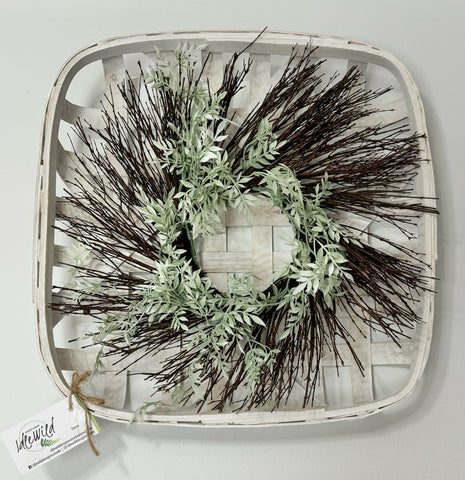 Vintage Wall Basket in white with twig/greenery wreath