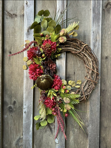 Succulents, Pumpkins & Berries Grapevine Wreath (large)