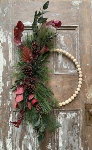 Wood Bead Hoop Wreath with Burgundy Floral& Dried Flloral (XL)
