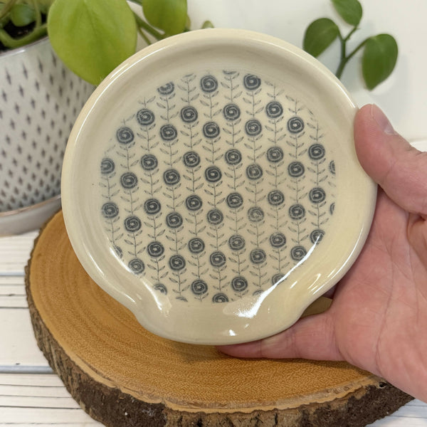 Cream Spoon Rest with Blue Flowers - Unique Town Boutique