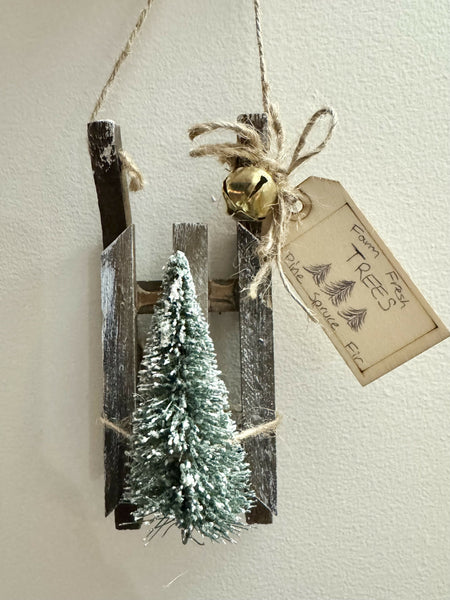 Wood Sled Tree Ornament with Tree and sign