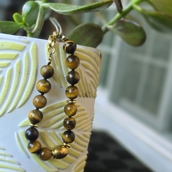 Tiger Eye | 10 mm with Stainless Steel Baryl Accents