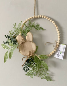 Wood Bead Wreath with Wood Bunny