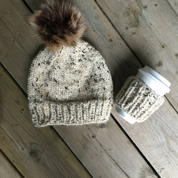 Washable wool blend hat with a removeable Pompom- Beige mix