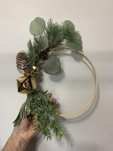 Bamboo Hoop Wreath with Eucalyptus, Pine and gold bell