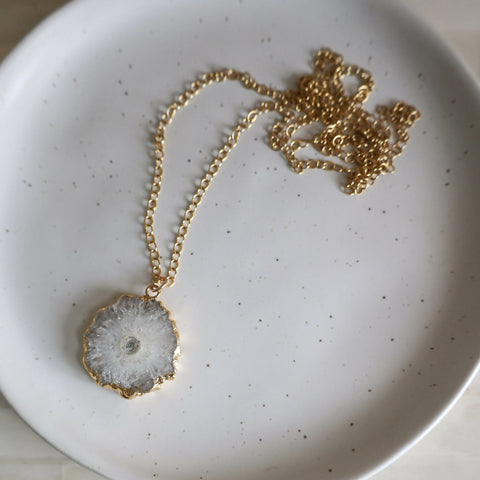 Crystal Starburst Sliced Agate Long Gold Necklace