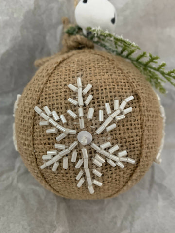 Burlap ball ornament with bead snowflake