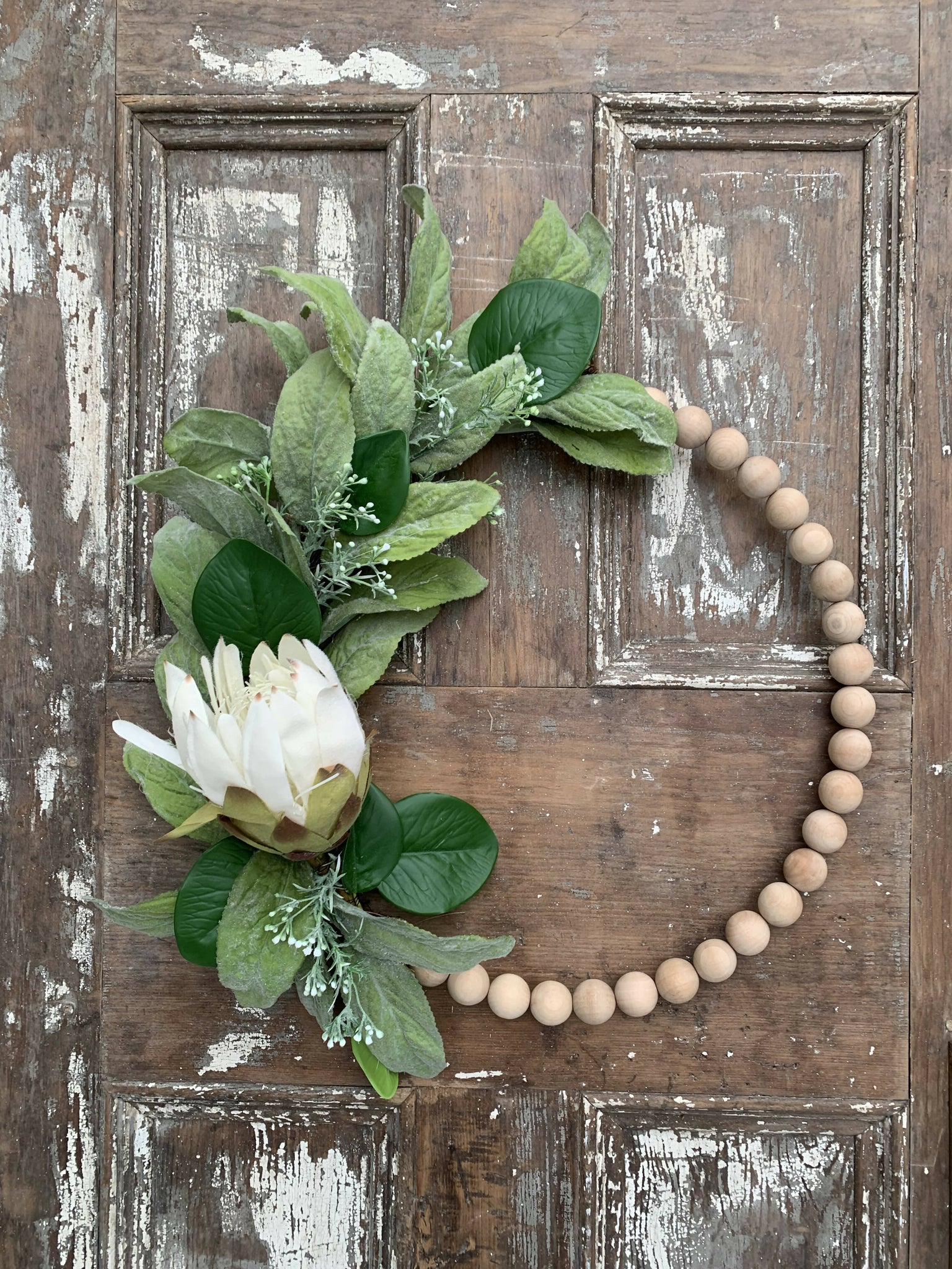 Wood Bead Wreath - Water Lily & Lamb’s Ear