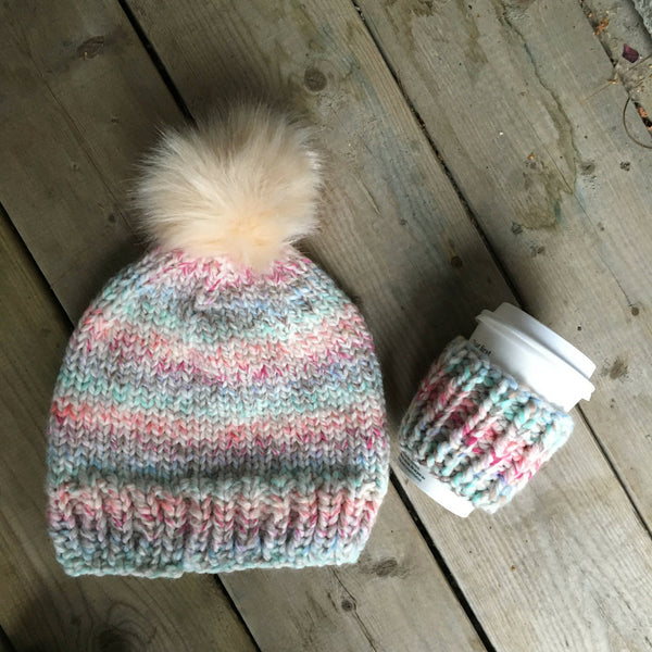 Washable wool blend hand knit hat with a removeable Pompom- Pink