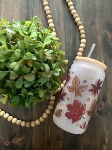 Fall Leaves: Glass Cup with Lid and Straw