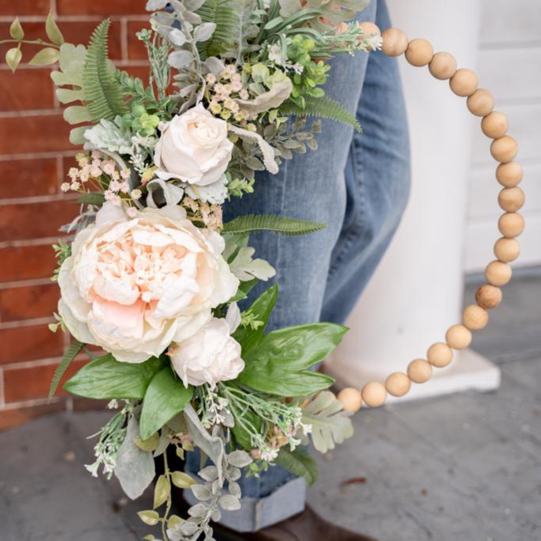 Wood Bead Wreath with Pink Peonies & Roses