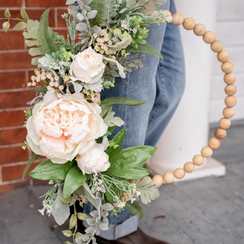 Wood Bead Wreath with Pink Peonies & Roses