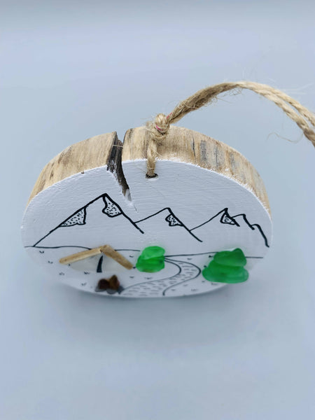 Camping by the mountain ornament