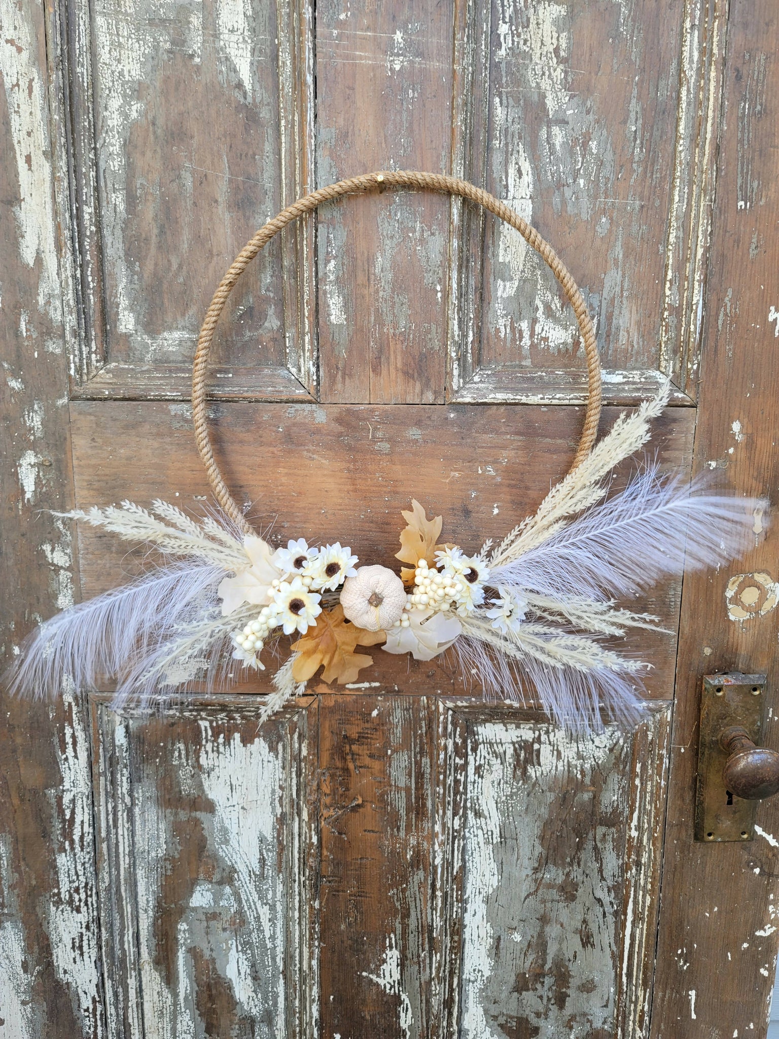 Pumpkin & Feathers Rope Hoop Wreath