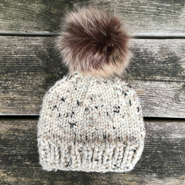 Washable wool blend hat with a removeable Pompom- Beige mix