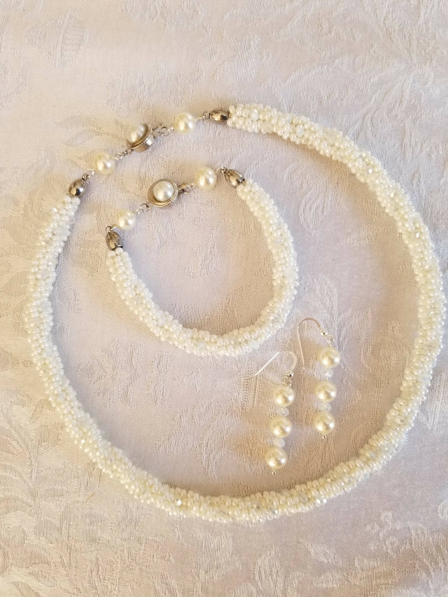 Ivory and Crystal Glass Bead Kumihimo Necklace and Bracelet with Earrings