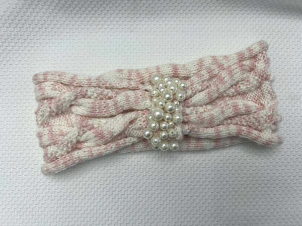 Hand Knitted Ear Warmer Headband - Pink & White