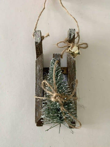 Wood Sled Tree Ornament with Tree