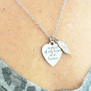 Stainless Steal Keepsake Necklace "a piece of my heart is in heaven" with angle wing