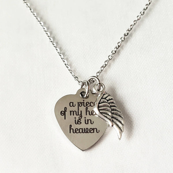 Stainless Steal Keepsake Necklace "a piece of my heart is in heaven" with angle wing