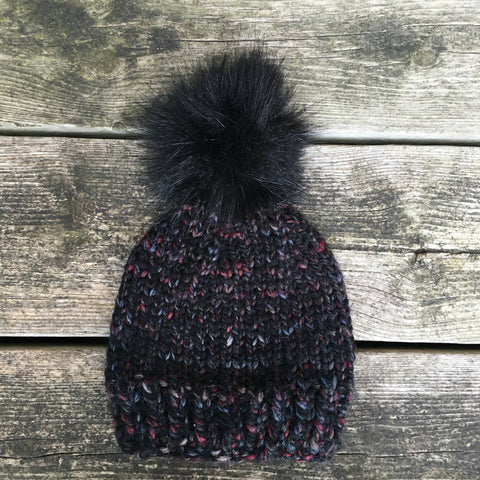 Washable wool blend hand knit hat with a removeable Pompom- blk